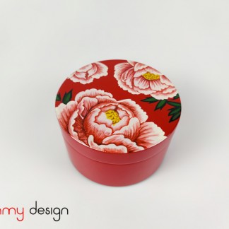 Round red lacquer box printed with peonies D12*7,2cm